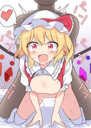 1girls bed blush blushing_at_viewer breasts_out collar collared_shirt crystal doggy_style e.o. eodayo eyebrows_visible_through_hair eyelashes eyes_open eyes_wide_open flandre_scarlet half_naked hand_on_bed hat japanese_text kneeling legwear medium_breasts open_mouth red_eyes red_pupils saliva short_hair stockings sweat sweatdrop sweating tagme thighhighs touhou white_background white_legwear yellow_hair