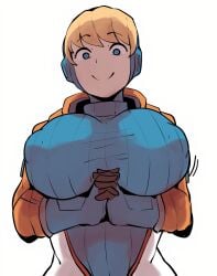 1girls 2022 apex_legends blonde_hair blue_eyes bodysuit breast_press breast_squeeze breast_squish breasts female growth happy horu huge_breasts looking_at_viewer massive_breasts nipple_bulge nipples nipples_visible_through_clothing simple_background smile tight_clothing tight_fit wattson_(apex_legends)