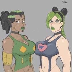 2girls big_breasts black_hair breasts dark-skinned_female dark_skin ermes_costello female female_only fully_clothed human jojo's_bizarre_adventure jolyne_kujo jumbogumbo latina light-skinned_female light_skin long_hair shounen_jump stone_ocean two_tone_lips