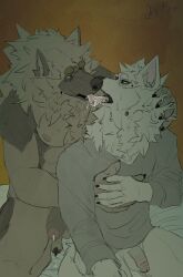 ( absurd_res anthro balls bodily_fluids canid canine canis clothed clothing comforting digital_media_(artwork) domestic_dog duo duo_focus embrace fluffy fur genital_fluids genitals german_shepherd group herding_dog hi_res humanoid kissing male male/male mammal nipples nude open_mouth partially_clothed pastoral_dog penis precum saliva saliva_on_tongue saliva_string silent_k9 simple_background tears tongue tongue_out topwear white_body white_fur