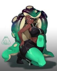 1girls aqua_hair aqua_pantyhose black_boots black_hair black_shirt black_shorts blue_eyes boots breasts cephalopod_eyes colored_extremities dark-skinned_female dark_skin female gradient_background gradient_hair grey_background grin hand_on_own_hip hand_on_own_knee headphones large_breasts little_blood long_hair looking_at_viewer marina_(splatoon) midriff mole mole_under_mouth multicolored_hair nintendo octoling octopus_girl on_one_knee pantyhose shirt shorts sleeveless sleeveless_shirt smile solo splatoon splatoon_(series) splatoon_2 suction_cups symbol-shaped_pupils teeth tentacle_hair two-tone_hair zipper