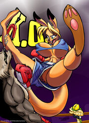 anthro big_breasts boxing boxing_gloves boxing_ring breasts canine defeated female fur furry gloves jilo jumping k.o. kangaroo ko ko_(fabio_paulino) ko_fucker male marsupial mouthguard pussy red_boxing_gloves red_gloves snake tail uppercut wardrobe_malfunction