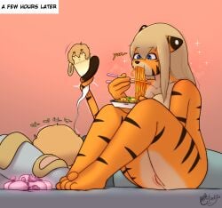 anthro bed bedding blanket blonde_hair blue_eyes breast_squish breasts brown_hair catsockjus chopsticks condom dialogue dot_eyes duo eating eating_food english_text felid female filled_condom floppy_ears food fried_noodle fur furniture genitals hair haven_(catsockjus) hi_res lagomorph leporid lily_(catsockjus) lop_ears male male/female mammal multicolored_body multicolored_fur pantherine pillow plant pussy rabbit sexual_barrier_device shrimp_(food) simple_background simple_eyes soul squish striped_body striped_fur stripes tail tail_grab tan_body tan_fur text tiger time_skip vegetable