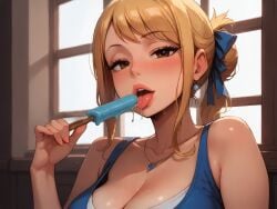 ai_generated bdmaestro cleavage female looking_at_viewer lucy_heartfilia melting_popsicle popsicle seductive suggestive tongue_out