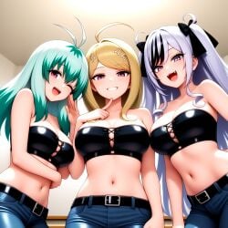 3girls ;d ai_generated akamatsu_kaede arm_under_breasts azur_lane bare_shoulders belt bent_over big_breasts black_strapless clothing_cutout crossover danganronpa danganronpa_v3 elbe_(azur_lane) eyelashes finger_to_chin from_below hand_on_own_thigh harem highres jeans looking_at_viewer midriff nai_diffusion pov run_elsie_jewelria seductive_smile smile smirk smirking_at_viewer smug stable_diffusion to_love-ru