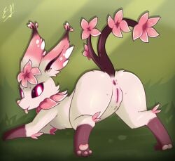 anus ass big_butt black_sclera blep canid canine cherry_blossom digital_media_(artwork) e-01 eeveelution feet female feral flower fur generation_4_pokemon genitals hi_res leafeon looking_at_viewer looking_back mammal multicolored_body nintendo nude pawpads paws pink_eyes pink_nose plant pokemon pokemon_(species) presenting presenting_hindquarters prunus_(flower) pussy simple_background smile soles solo tail tan_body tan_fur teasing thick_thighs tongue tongue_out wide_hips