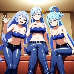 3girls ai_generated aqua_(konosuba) azur_lane belt big_breasts blue_clothing boku_no_hero_academia crossed_legs crossover finger_to_mouth from_below highres kono_subarashii_sekai_ni_shukufuku_wo! light_blue_hair long_pants looking_at_viewer nai_diffusion nejire_hado pov seductive_smile sitting smirk stable_diffusion strapless ticonderoga_(azur_lane) waving