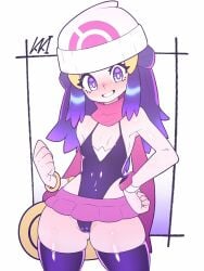 1female 1girls beenie black_thighhighs blue_eyes blue_hair blush bracelet cameltoe dawn_(pokemon) female female_focus female_only flat_chest flat_chested hair hat kaikoinu long_hair looking_at_viewer miniskirt pokemon pokemon_dppt scarf skimpy skimpy_clothes skimpy_outfit skirt smile smiling smiling_at_viewer thighhighs thighs watch