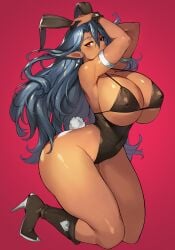 1girls 2022 bikini_top black_hair blue_hair bunny_ears bunny_tail bunnysuit cleavage dark-skinned_female dark_elf dark_skin elf elf_ears female female_only full_body gurimjang hands_on_head heel_boots hi_res huge_breasts kneeling long_hair looking_at_viewer red_background red_eyes revealing_clothes sideboob solo thick_thighs