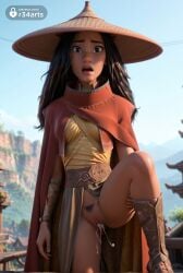 1girls after_sex after_vaginal ai_generated artist_name black_hair boots brown_eyes brown_hair cape cum cum_in_pussy cumdrip day disney female_pubic_hair hat hi_res lips long_hair looking_at_viewer mountain no_panties open_mouth outdoors pubic_hair pussy r34arts raya_(ratld) raya_and_the_last_dragon red_cape solo standing uncensored
