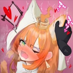 2025 ahe_gao animal_ears annoyed arknights blush cat_ears catgirl earrings fluffy fluffy_ears ginger ginger_hair green_eyes heart heavy_blush hi_res kemonomimi matatamae one_eye_closed open_mouth papyrus_(arknights) simple_background