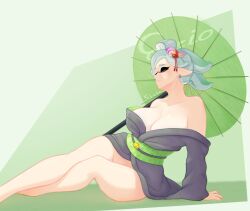 1girls bottomless bottomless_female breasts cleavage closed_eyes eizio green_umbrella inkling inkling_girl kimono large_breasts marie_(octo_canyon) marie_(splatoon) pointy_ears solo solo_female solo_focus splatoon splatoon_2 splatoon_2:_octo_canyon tentacle_hair umbrella