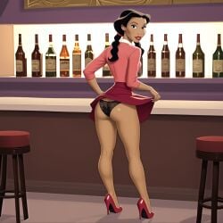 1girls aged_up ai_generated alcohol alcohol_bottle ass back_view bar_(place) bar_counter bar_stool black_eyes black_hair black_panties bottle dark-skinned_female dark_hair dark_skin disney disney+ ebony female female_focus female_only flashing flashing_panties grown_up high_heels indoors inside legs lifting_skirt lingerie looking_at_viewer looking_back panties penny_proud pink_shirt red_high_heels red_lipstick red_shoes red_skirt shirt skirt skirt_lift solo solo_female the_proud_family the_proud_family:_louder_and_prouder thighs twintails twintails uzzlegorf