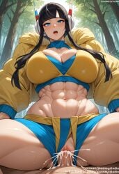 1boy abs ai_generated areolae bangs black_hair blue_eyes blue_shorts blunt_bangs blush breasts cleavage clothed_female clothed_female_nude_male clothed_sex clothing cowgirl_position cowgirl_position dark_skin day elesa_(pokemon) elesa_(pokemon_bw2) female female forest gym_leader headphones jacket jousneystudio large_breasts long_hair long_sleeves looking_at_viewer male muscle muscular_female nakadashi nature navel nipples on_top open_clothes open_mouth outdoors overflow penis pokemon pokemon_(game) pokemon_bw pokemon_bw2 pokemon_character semen sex shiny_skin short_shorts shorts sidelocks smile solo_focus spread_legs straddling straight sweat teeth thick_thighs thighs tied_hair tree vagina vaginal_penetration