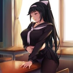 1girls azur_lane black_hair black_serafuku black_shirt black_skirt blush bow breasts chair classroom clothed_masturbation clothes_lift commentary_request crop_top crotch_rub curtains desk female_masturbation hair_between_eyes hair_flaps hairbow indoors kongeraatio large_breasts lifting_own_clothes long_hair long_sleeves masturbation midriff miniskirt official_alternate_costume on_desk panties panties_under_pantyhose pantyhose pink_lips pleated_skirt ponytail ribbon school school_desk school_uniform serafuku shirt skirt skirt_lift solo standing table_humping takao_(azur_lane) takao_(school_romanza)_(azur_lane) underwear white_bow white_ribbon window