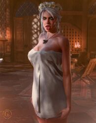 3d breasts cd_projekt_red ciri female flower_crown freckles goldy_3d green_eyes kaer_morhen light-skinned_female looking_at_viewer mascara scar solo the_witcher_(series) the_witcher_3:_wild_hunt tongue_out towel towel_only wet_body white_hair witcher_medallion