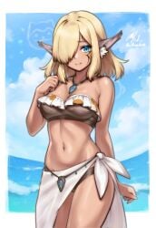 1girls beach bikini blonde_hair blue_eyes celica_(xenoblade_x) female long_ears looking_at_viewer rotomdocs solo swimsuit swimwear tan_skin xenoblade_(series) xenoblade_chronicles_x