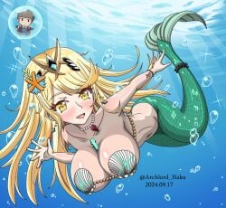 1girls archlord_haku big_breasts blonde_hair breasts bubbles core_crystal female female_focus female_only large_breasts long_hair mermaid mermaid_tail monster_girl mythra nintendo rex_(xenoblade) shell shell_bikini solo solo_female solo_focus underwater water xenoblade_(series) xenoblade_chronicles_2