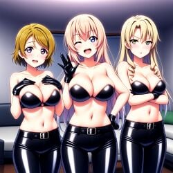 3girls ;d ai_generated arms_under_breasts bare_shoulders big_breasts black_clothes black_pants black_strapless crossed_arms crossover frown hand_on_own_hip hands_on_own_chest harem highres ichinose_honami_(cote) koizumi_hanayo latex love_live! love_live!_school_idol_project midriff miura_yumiko my_teen_romantic_comedy_snafu nai_diffusion nervous nervous_smile stable_diffusion sweatdrop tsundere waving youkoso_jitsuryoku_shijou_shugi_no_kyoushitsu_e