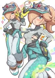 1girls baggy_pants blonde_hair blue_eyes blush breasts clothes_around_waist earrings female gloves hair_over_one_eye hand_on_own_hip hat highres jacket jacket_around_waist jewelry mario_(series) mario_kart mario_kart_world multiple_views nintendo official_alternate_costume pants ponytail princess_rosalina shirt smile star_(symbol) star_earrings tight_clothes tight_shirt toggy_keiichi torn_clothes torn_shirt v yamino_ekakinin