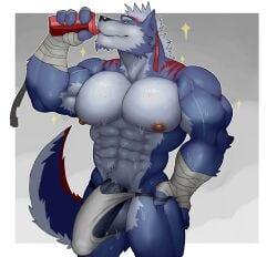 anthro balls big_balls big_penis bulge flaccid fleshformomo furry male male_only penis solo solo_male sweat sweating wolf