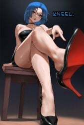 ai_generated aipotions bare_arms bare_legs bare_shoulders bare_thighs big_breasts blue_eyes blue_hair blush dress english_text heels large_breasts looking_at_viewer short_hair text vixenp