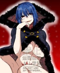 1girls big_breasts blue_hair blush breasts cape ciel_(tsukihime) crest elesia_(tsukihime) enormous_breasts evil_grin evil_smile fur-trimmed_cape huge_breasts implied_nudity large_breasts looking_at_viewer michael_roa_valdamjong naked_cape nude_cape plump possessed possession red_background red_eyes seductive seductive_look short_hair sitting thick thick_thighs top_heavy tsukihime tsukihime_(remake) vampire_girl