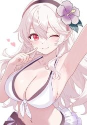 1girls bikini black_hairband blowing_kiss blush breasts cleavage corrin_(female)_(fire_emblem) corrin_(female)_(novice_vacationer)_(fire_emblem) corrin_(fire_emblem) corrin_(fire_emblem)_(female) female female_focus female_only fire_emblem fire_emblem_fates fire_emblem_heroes flower frilled_skirt front-tie_bikini grey_hair hair_between_eyes hair_flower hair_ornament hairband large_breasts long_hair looking_at_viewer midriff n_54 official_alternate_costume pointy_ears red_eyes smile solo swimsuit thighs white_bikini white_hair