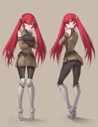 1girls ass crossed_arms fire_emblem fire_emblem_awakening fraudulenttaco looking_at_viewer medium_breasts nintendo red_eyes red_hair severa_(fire_emblem) tight_pants twintails