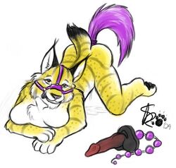 anthro bit_gag bobcat buttplug_tail feline female gag looking_at_viewer lynx serval sex_toy sketchkat solo tail toys