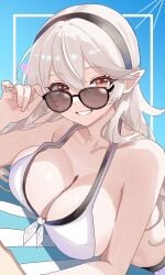 1girls bikini black_hairband blush breast_press breasts cleavage corrin_(female)_(fire_emblem) corrin_(female)_(novice_vacationer)_(fire_emblem) corrin_(fire_emblem) fire_emblem fire_emblem_fates fire_emblem_heroes grey_hair hair_between_eyes hairband highres large_breasts long_hair looking_at_viewer n_54 official_alternate_costume pointy_ears red_eyes sideboob skindentation smile solo swimsuit white_bikini white_hair