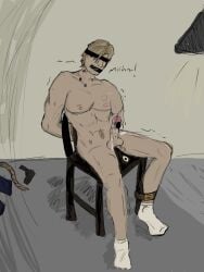 blonde_hair blonde_hair_male bondage boner cum cum_on_body happy_trail hickey_marks kidnapping leon_scott_kennedy love_bite male male_focus male_only muscular_male overstimulation penis resident_evil_6 restrained solo_male tied_up yaoi