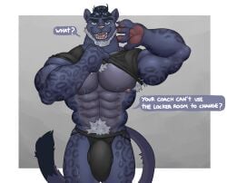 anthro armpit_hair balls big_balls big_penis bulge flaccid fleshformomo furry male male_only panther penis solo solo_male speech_bubble sweat sweating