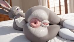 1girls ai_generated anus ass ass_focus big_ass disney donut_anus female grey_fur hi_res judy_hopps lying_on_bed lying_on_side mammal pink_anus pink_pussy puffy_anus purple_eyes pussy rabbit realistic round_ass stockings zootopia