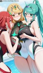 3girls aegis_elysium ai_art ai_generated bikini blush breasts breasts_bigger_than_head breasts_pressed_together cleavage core_crystal dress earrings edited elbow_gloves female female_focus gem gloves grabbing_breast grabbing_breasts green_eyes green_hair hair_ornament headpiece highres holding holding_breast holding_breasts huge_breasts indoors jewelry large_breasts legging lights long_hair looking_at_viewer mythra mythra_(xenoblade) navel night night_sky nintendo patreon patreon_username pneuma pneuma_(xenoblade) pressing_breasts pressing_breasts_together pyra pyra_(xenoblade) red_eyes sexy standing starry_sky stars swept_bangs thighhighs tiara touching_breast touching_breasts trio_focus very_long_hair watermark window windows xenoblade_(series) xenoblade_chronicles_(series) xenoblade_chronicles_2 yellow_eyes