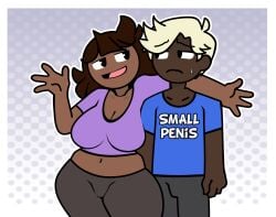 1boy 1girls accurate_art_style alpharad black_eyes blonde blonde_hair blonde_hair_male blonde_male blue_shirt blush breasts brown_hair cleavage clothing crop_top cropped_shirt dark-skinned_female dark-skinned_male dark_skin english_language english_text female humiliation jaiden jaiden_animations jaidenanimations large_breasts long_hair male midriff navel no_nose open_mouth pants race_swap shirt small_penis_humiliation smile steca sweat sweatdrop text thelazyart thick_thighs thighs very_dark_skin waving youtube youtuber