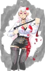 1girls abuse blood clothed dominant_female erispheria leotard looking_at_viewer mofeta02 office_clothing office_lady red_eyes skirt torture twitch twitter vtuber vtuberfanart whip white_hair youtube youtube_hispanic