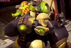 anubian_jackal anubis_reaper ass big_breasts big_butt blizzard_entertainment breasts canid canine canis duo ewr_115 female from_behind_position hi_res jackal larger_female machine male male/female mammal orisa_(overwatch) overwatch reaper_(overwatch) robot sex size_difference smaller_male