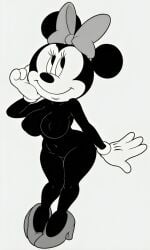 4_fingers ai_generated big_breasts black_and_white black_eyes black_fur bow cartoony curvy disney eyelashes female female furry gloves heels minnie_mouse monochrome mouse mouse_ears naked nude pixai smile solo thick_thighs