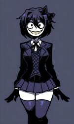 2017_x ai_generated alternate_design big_breasts black_eyes blazer bow bow_in_hair clothed collared_shirt creepy_smile dark_blue_background dark_blue_clothing dark_blue_hair doki_doki_literature_club jacket looking_at_viewer open_blazer pale_skin pixai ribbon sayori_(doki_doki_literature_club) shadows short_hair shoulder_length_hair simple_background skirt smile smiling_at_viewer sonic.exe_(series) thick_thighs thighhighs vest yellow_teeth