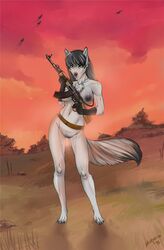 1girls anthro breasts canine dog dog_tags female fur furry gun nipples nude pussy solo tail vagabonda weapon