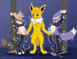 absurd_res animal_genitalia ankle_cuffs ball_fondling ball_gag ball_grab balls bodily_fluids bondage bondage bound buizel chest_tuft clothing cuff_(restraint) davyboi eeveelution egg_vibrator fan_character feline_genitalia fondling gag gagging generation_1_pokemon generation_4_pokemon genitals group hair hands_restrained hands_tied hi_res jolteon latex latex_clothing latex_legwear latex_topwear legwear liquid_latex male nintendo paralyzed penis pokemon pokemon_(species) raichu restrained restraints saliva saliva_on_ball_gag sex_toy tears tears_of_pleasure tickle_fetish tickling tickling_armpits topwear trio tuft vibrator wrist_cuffs