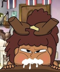 1boy 1girls amphibia amphibia_(finale) anne_boonchuy arms_on_head blowjob blush brown_hair bulging_cheek cheek_bulge cheeks cum cum_drip cum_in_mouth cum_inside dark-skinned_female dark-skinned_male dark_skin deepthroat disney disney_channel giving_head pushing_down thai