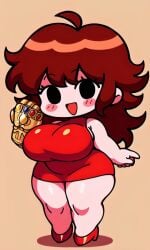 :d ai_generated auburn_hair black_eyes blush chibi chubby clothed crossover demon_girl dress dumb_girl female female friday_night_funkin gauntlet girlfriend_(friday_night_funkin) glove happy heels infinity_gauntlet large_breasts long_hair messy_hair pixai red_dress red_heels short_girl shortstack simple_background sleeveless_dress solo thick_thighs