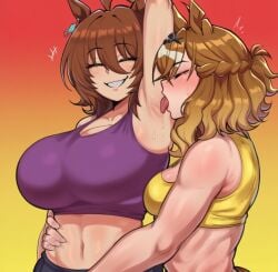 agnes_tachyon_(umamusume) ai ai_generated armpit_creash armpit_fetish armpit_licking bakushin_o_armpit_gif_(meme) big_breasts brown_hair female female_only hand_on_waist horse_ears jungle_pocket_(umamusume) licking_armpit midriff rayasox short_hair smirk tongue umamusume umamusume_pretty_derby