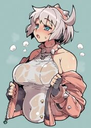 big_breasts blue_eyes breasts elphelt_valentine guilty_gear guilty_gear_strive itsuka_neru sweat sweaty sweaty_breasts