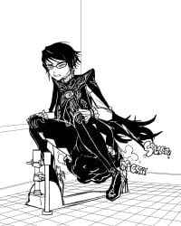 bayonetta bayonetta_(character) black_and_white fully_clothed scat shit shitting soiling toilet