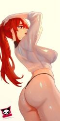 1girls arms_behind_head ass big_ass big_breasts black_thong breasts busty child_bearing_hips eris_greyrat fat_ass female from_below highres huge_ass large_breasts mushoku_tensei ponytail pose posing red_eyes red_hair sexy sexy_pose shirt sweat sweatdrop themaker thong voluptuous wet white_shirt wide_hips