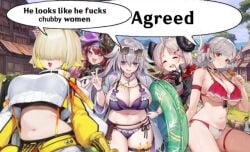 5girls bikini blue_archive character_request chubby chubby_female clothing cute elegg_(nikke) girls'_frontline goddess_of_victory:_nikke izumi_(blue_archive) meme pale_skin text