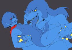 after_fellatio big_dom_small_sub bigger_female blue_background bodysuit deltarune female female_anthro femdom hi_res kinkykong kris_(deltarune) licking licking_penis lifting_partner lifting_person male male/female male_human male_human/female_anthro malesub monochrome penis red_eyes red_scarf saliva saliva_on_penis saliva_trail scalie scalie_humanoid sharp_claws sharp_teeth smaller_male snout spiked_bracelet susie_(deltarune) tagme undertale_(series) yellow_eyes